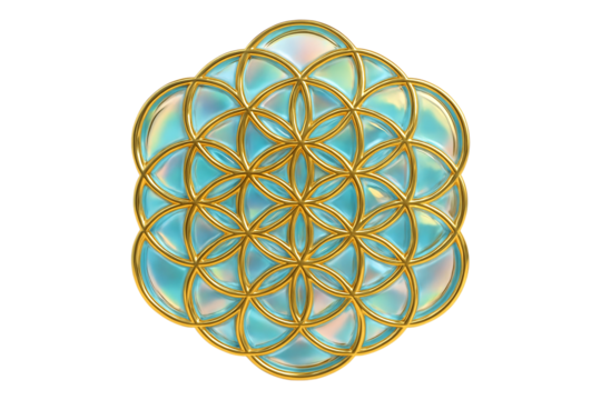 Flower of Life. Sacred Geometry. Spirituality. An isolated 3D golden Flower of Life symbol with an iridescent pearl background as a PNG clip art on a transparent background for meditation or spiritual