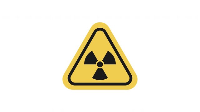 Nuclear caution triangular symbol animation featuring bright yellow border and bold black radioactive icon in smooth minimal motion on white backdrop prores alpha channel 4k 60fps