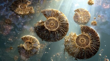 Underwater Fossils or Ancient Ammonite Shells in Clear Ocean Water with Sunlight Rays