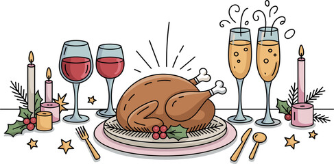 Christmas Holiday Dinner Table Setting with Roast Turkey, Wine, and Champagne