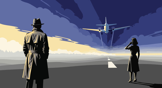 Mysterious figures observe a dramatic airplane departure under a turbulent sky, evoking themes of farewell, travel, and clandestine encounters