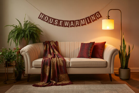 Celebrate new beginnings with cozy housewarming decor featuring a stylish sofa, plush throw blanket, and vibrant houseplants in a warm, inviting space