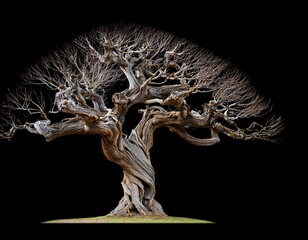 twisted bare old tree trunk with gnarled branches representing concepts of aged nature fantasy and decay alpha background