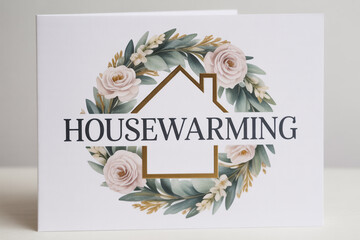 Charming housewarming invitation with delicate floral wreath and elegant typography, perfect for celebrating new beginnings with style and grace