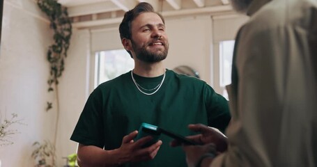 Payment, client or man in barbershop with phone, grooming service or transfer in pos system. Fintech, professional stylist or people in salon with tech, checkout or transaction in electronic banking.