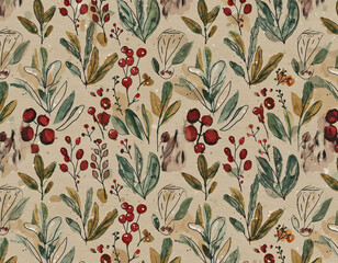 Seamless botanical pattern with watercolor sprigs, berries, mistletoe, and branches on beige background for holiday wrapping paper, fabric, and seasonal design