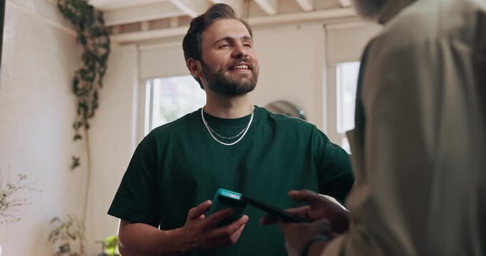 Payment, client or man in barbershop with phone, grooming service or transfer in pos system. Fintech, professional stylist or people in salon with tech, checkout or transaction in electronic banking.