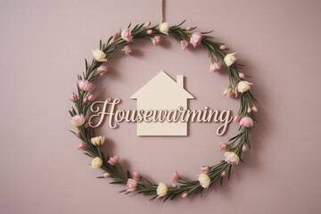 Delicate housewarming celebration concept with floral wreath and charming home decor, perfect for welcoming new homeowners or sharing warm wishes and creating lasting memories