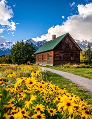 Scenic Log Cabin Retreat with Mountain Views and Vibrant Wildflowers.