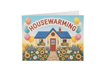 Fototapeta premium Send warm housewarming wishes with this delightful card featuring a charming home surrounded by colorful balloons and a beautiful garden pathway