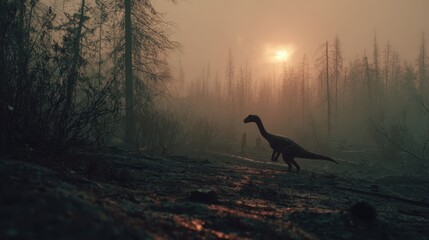 Dinosaur Walking Through a Forest During a Fiery Sunset or Smoke Filled Sunset Scene
