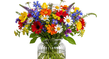 Colorful bouquet of wildflowers in a clear glass vase creating a vibrant and cheerful display perfect for home decor with various shades of wildflowers and a black background