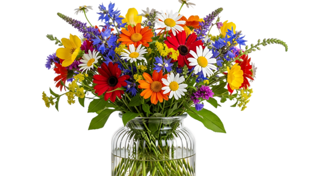Colorful bouquet of wildflowers in a clear glass vase creating a vibrant and cheerful display perfect for home decor with various shades of wildflowers and a black background
