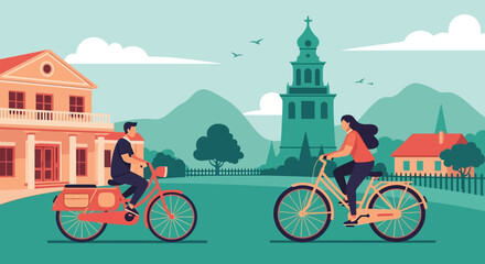 A young man and woman enjoying a leisurely bicycle ride in a picturesque European town with a church and green hills
