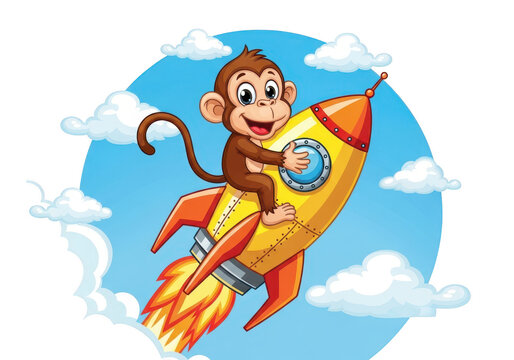 Cute cartoon monkey happily riding a yellow and orange rocket ship blasting off into the blue sky with white clouds isolated on transparent background