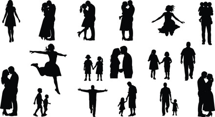 Collection of family and couple silhouettes showing love, parenting, children activities, romance, and joyful moments for graphic design, illustration, and digital artwork