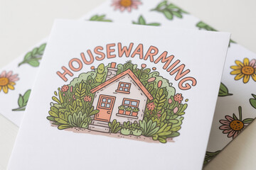 Send warm wishes with this adorable housewarming card featuring a charming little house nestled among lush greenery and cheerful flowers, perfect for new homeowners!