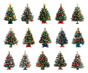 PNG Festive colorful decorated Christmas trees, element set on transparent background