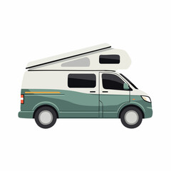 Modern camper van with pop up roof tent for travel.