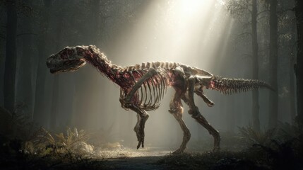 Skeleton of a Tyrannosaurus Rex Dinosaur in a Forest with Sunlight Rays