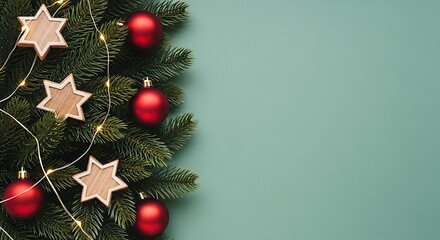 Festive Holiday Background with Pine Branches Red Ornaments and Wooden Star Decorations Creating a Cozy Christmas Atmosphere for Seasonal Greetings and Celebrations with Ample Copy Space