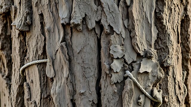 lignin. Close-up of tree bark with rope marks and natural erosion patterns. ESG reports, sustainability campaigns, designed for environmental awareness campaigns, used by presentation designers.