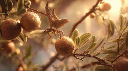 Close-up of a tiny bird perched on a branch with fruit and foliage in warm sunlight