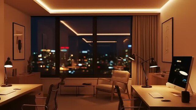 Modern Office Interior with City Lights at Night Workspace with Desk, Chair, and Lamp.