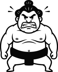 Obraz premium Angry sumo wrestler cartoon illustration in traditional mawashi belt showing strong fighting stance, Japanese sumo fighter mascot design artwork