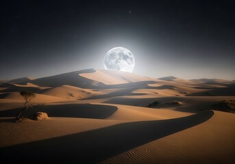 Desert landscape with full moon rising over sand dunes at night
