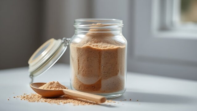 psyllium. Clear glass jar filled with fine brown powder, wooden spoon beside it. menu design, packaging mockups, designed for food delivery and cloud-kitchen brand materials, inspires cooking.