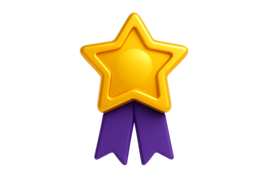 Award Medal. Star. First Place. An isolated golden star medal with a purple ribbon as a PNG clip art on a transparent background for concepts of achievement, success, or being the best. - Powered by Adobe