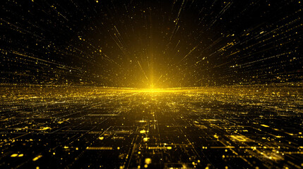 black background with golden particles streaming toward horizon, creating sense of digital landscape and high-speed data tunnel. Themes of luxury tech, big data, finance, innovation, digital travel.