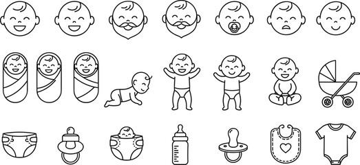 Collection of cute baby icons including faces, emotions, crawling, diapers, bottle, pacifier, bib, stroller and newborn symbols for parenting designs