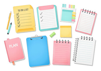 Collection of colorful stationery items including to do lists, notepads, clipboards, and planner book isolated on transparent background