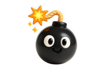 Bomb. Cute Character. Danger. An isolated cute 3D cartoon bomb character with a lit fuse as a PNG clip art on a transparent background for gaming, humor, or deadline concepts.
