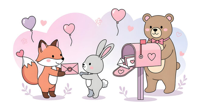 Cute fox delivering mail to bear romantic illustration