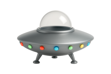 UFO. Flying Saucer. Alien Spaceship. An isolated 3D toy UFO with a glass dome and colorful lights as a PNG clip art on a transparent background for sci-fi, space, or alien concepts.