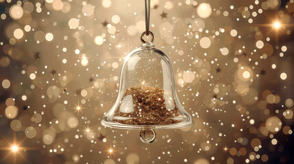 Glass Christmas bell ornament with golden glitter on festive bokeh background
