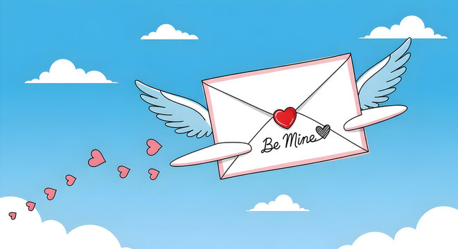 Flying love letter with wings romantic message