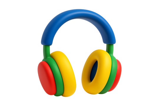 Kids Headphones. Colorful. Music. An isolated pair of colorful 3D toy headphones as a PNG clip art on a transparent background for children's music apps or educational concepts.