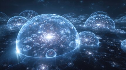 Abstract Digital Art of Glowing Bioluminescent Jellyfish in Dark Ocean Environment