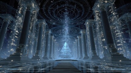 Futuristic Digital Hall with Glowing Columns and Space-Themed Architecture