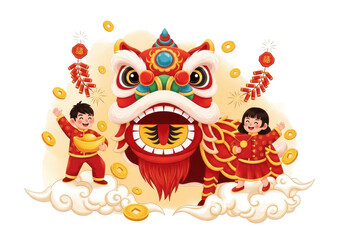 Cute children celebrating chinese new year with a traditional lion dance performance isolated on transparent background
