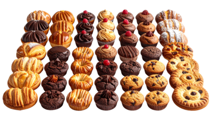 Cupcakes, croissants, and assorted bakery items isolated on white background, sweet treats illustration, fresh baked goods, dessert collection, colorful pastry PNG.
