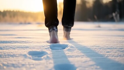 Barefoot Adventure Walking Through Snowy Landscape at Sunrise  Freedom Concept.