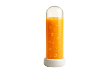 Orange Soda. Juice. Beverage. An isolated minimalist glass tube of bubbly orange soda or juice as a PNG clip art on a transparent background for a fresh drink or modern menu concept.