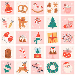 Seamless pattern with cute Christmas festive elements. Perfect for Christmas cards, posters, wrapping paper, and seasonal design projects. Flat vector illustration