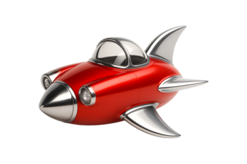Rocket Ship. Retro. Toy. An isolated red and chrome retro rocket ship or spaceship as a PNG clip art on a transparent background for vintage sci-fi or space exploration concepts.