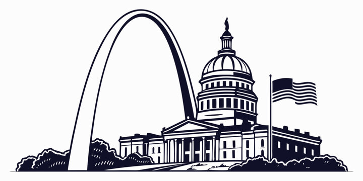 St. Louis Gateway Arch & Old Courthouse Vector &ndash; Minimalist Cityscape Illustration Featuring Historic Architecture and Urban Skyline